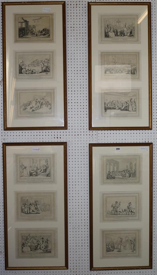 After Thomas Rowlandson, set of 12 uncoloured engravings Comforts of Bath, in 4 frames, as republished 1857